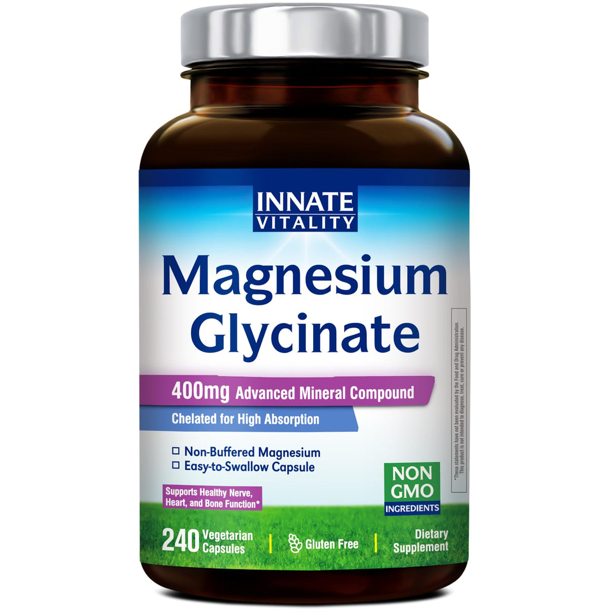 Capsules végétales de Glycinate de Magnésium 400mg Innate Vitality, vue de face