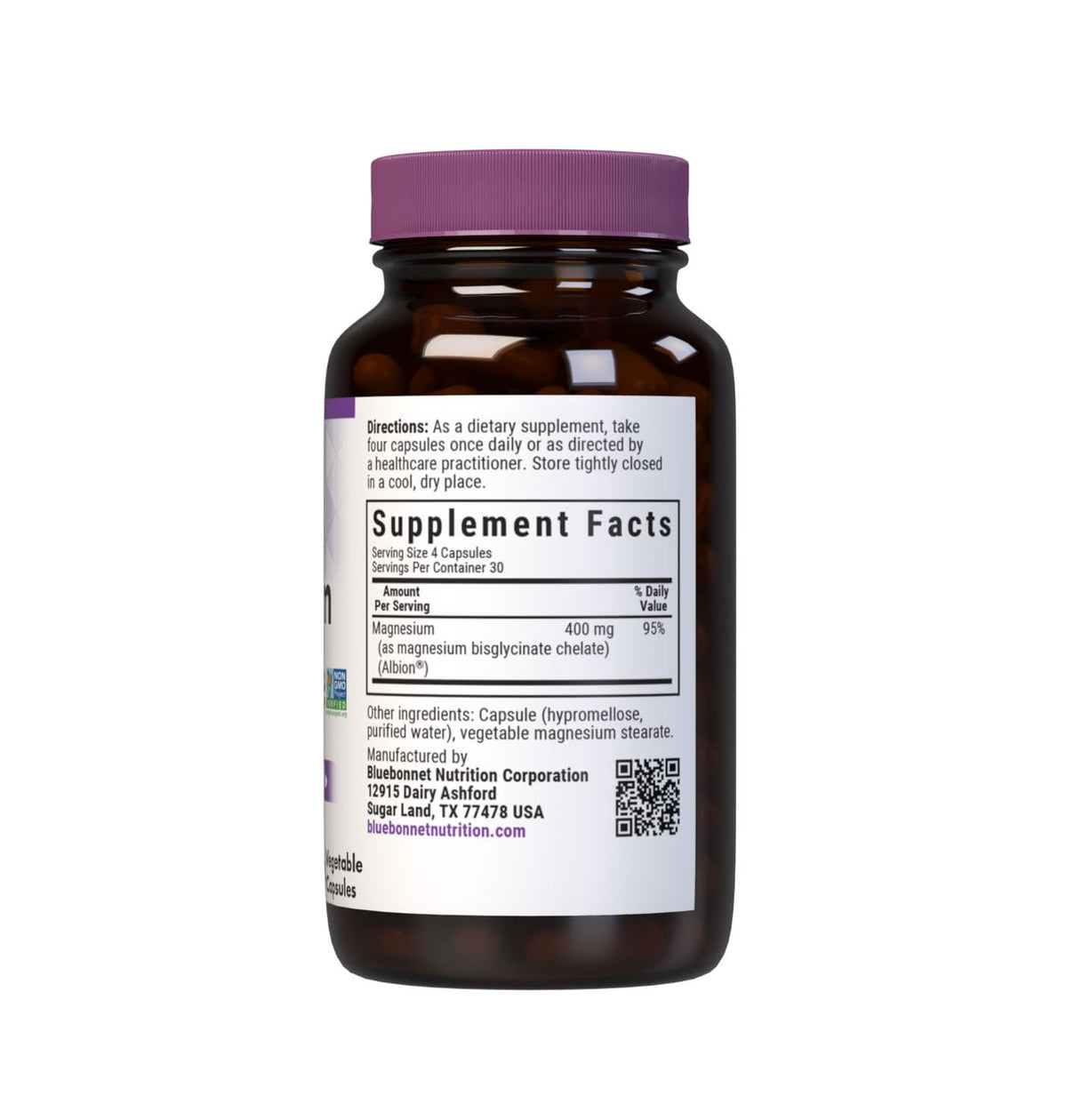 Capsules végétales de Magnésium Glycinate BlueBonnet sur fond blanc