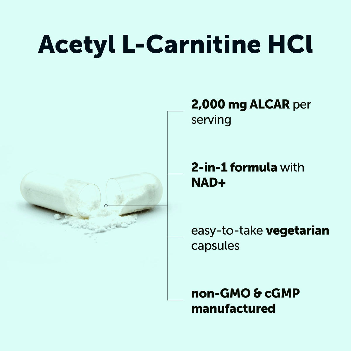 Capsules végétales de Micro Ingredients Acetyl L-Carnitine HCl sur fond blanc