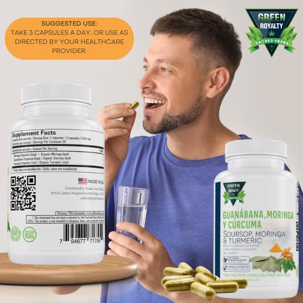 Capsules végétales de Moringa, Soursop et Curcuma sur une surface blanche