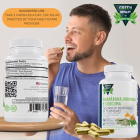 Capsules végétales de Moringa, Soursop et Curcuma sur une surface blanche