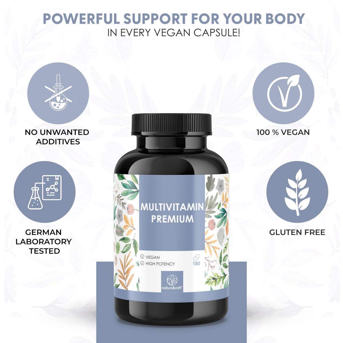Capsules végétales de multivitamine naturalkraft A–Z en gros plan