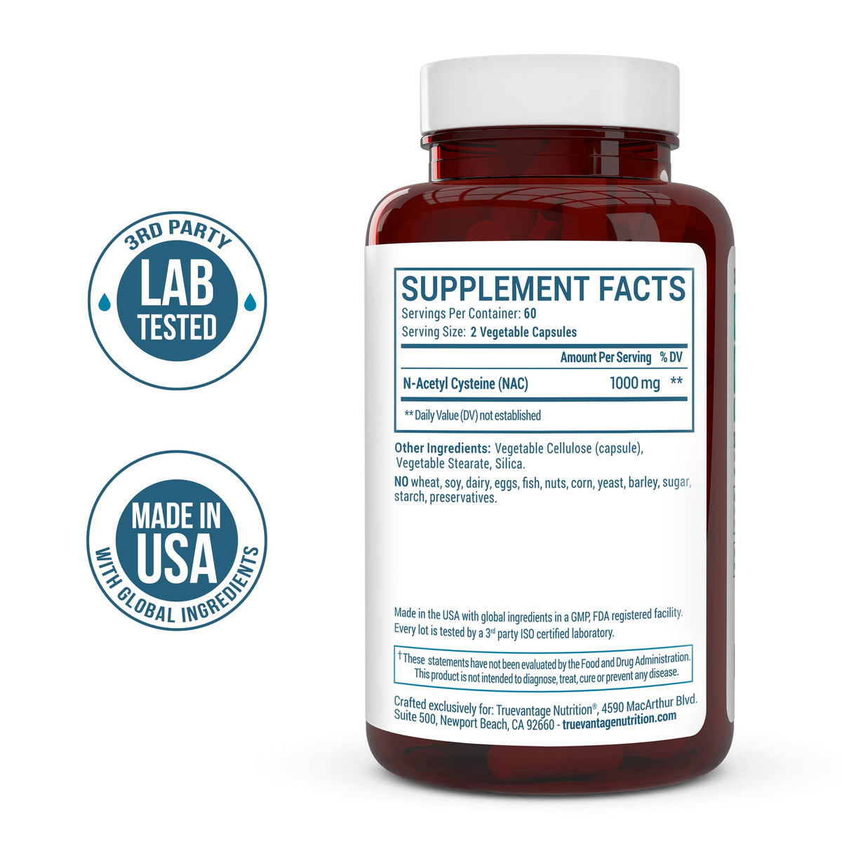 Capsules végétales de NAC 1000 mg de Truevantage Nutrition sur une surface blanche