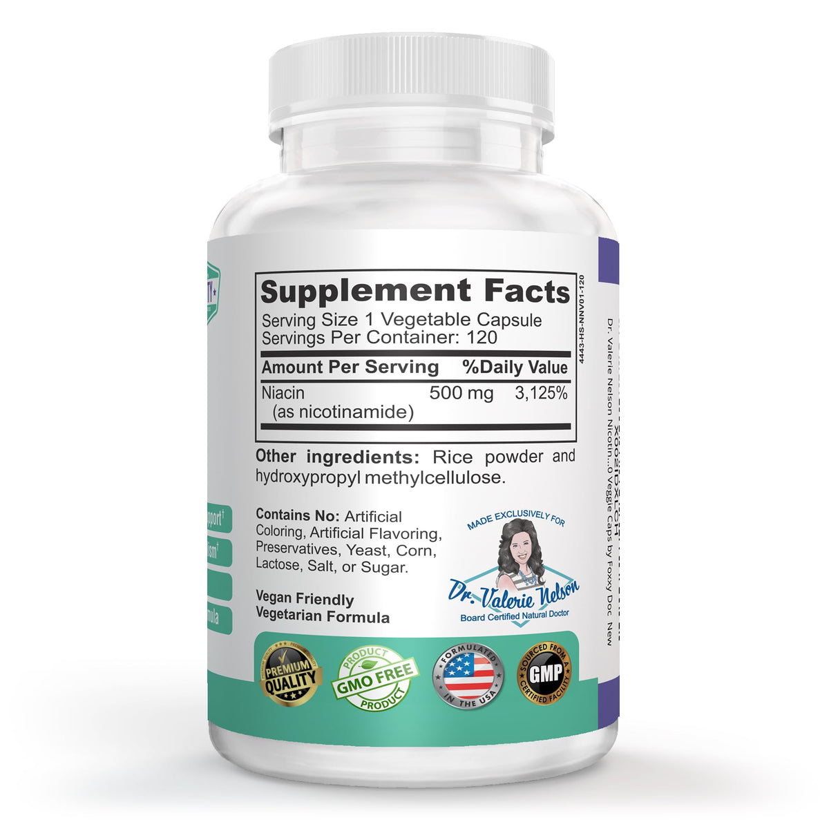 Capsules végétales de Nicotinamide 500 mg Dr. Valerie Nelson sur fond blanc
