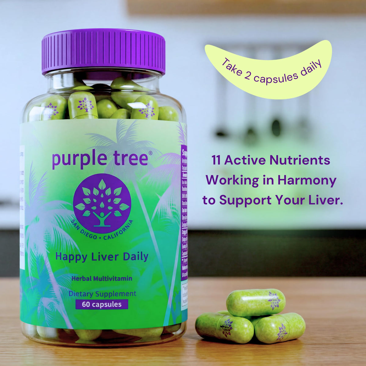 Capsules végétales de purple tree Happy Liver Daily sur une surface blanche
