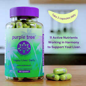 Capsules végétales de purple tree Happy Liver Daily sur une surface blanche