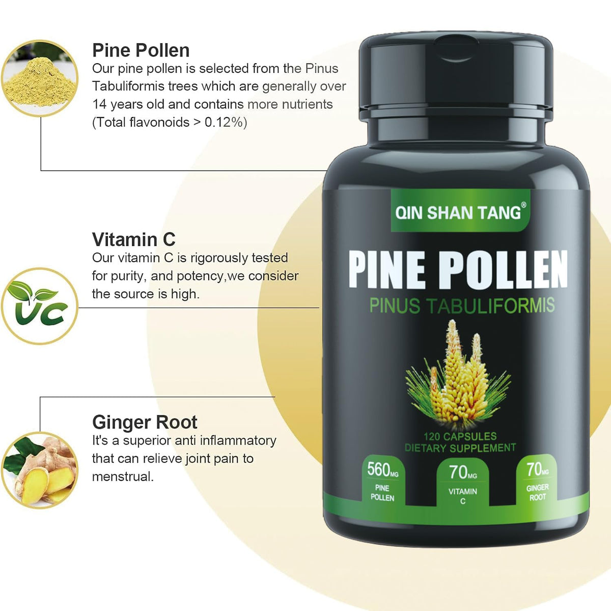 Capsules végétales de QIN SHAN TANG Pollen de Pin sur fond blanc