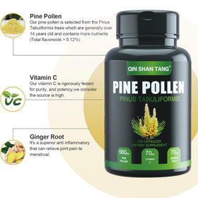 Capsules végétales de QIN SHAN TANG Pollen de Pin sur fond blanc