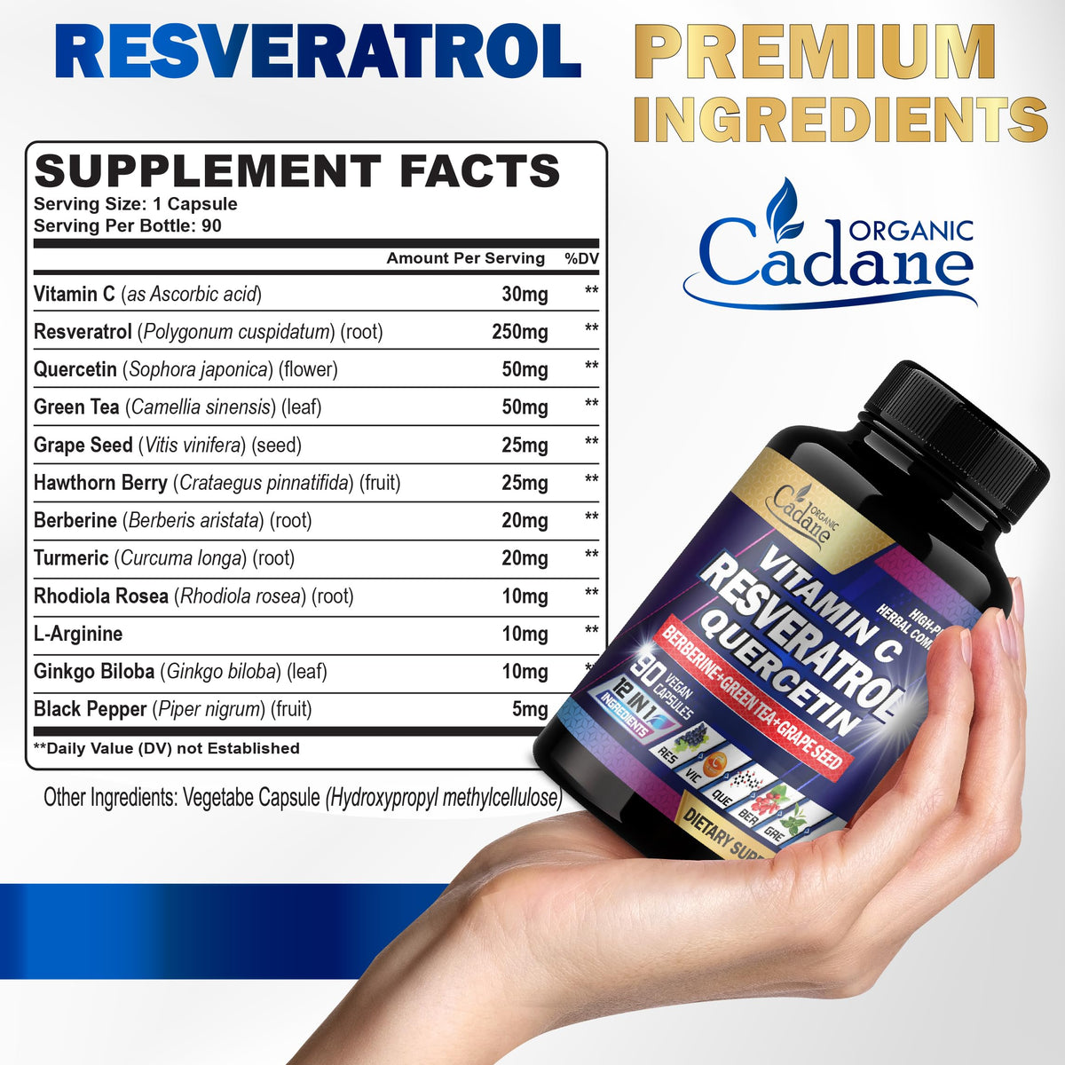 Capsules végétales de Resvératrol Organic Cadane sur une surface blanche