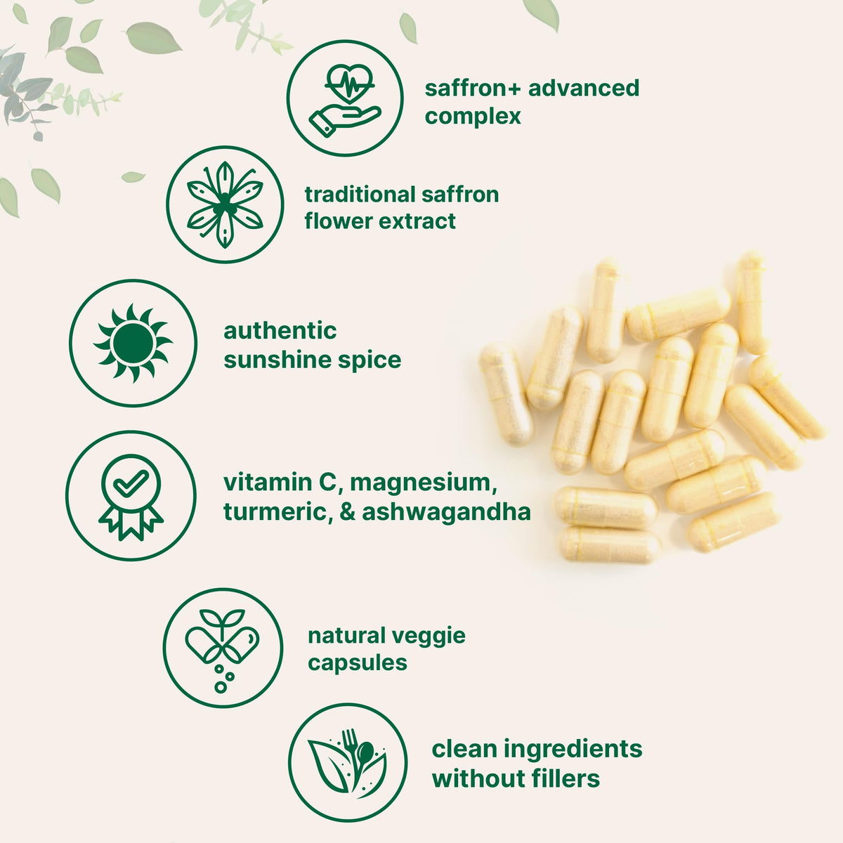 Capsules végétales de Saffron+ sur un fond blanc