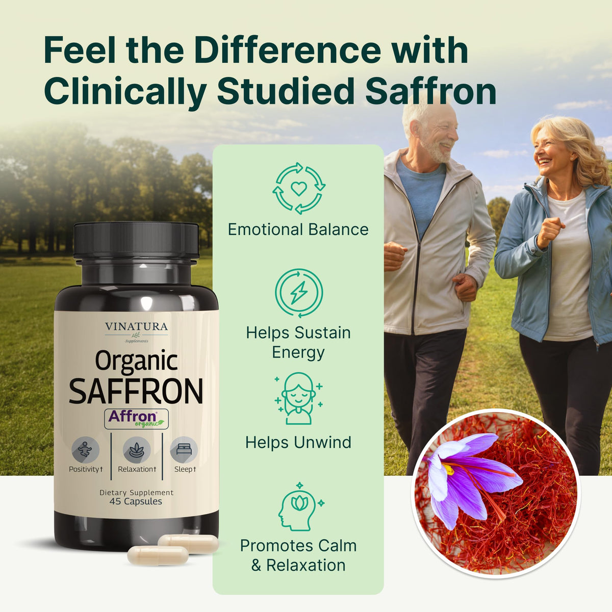 Capsules végétales de safran bio VINATURA sur fond blanc