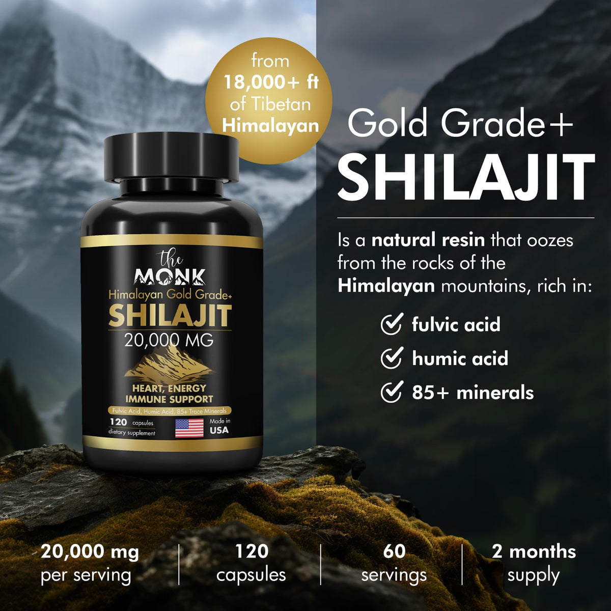 Capsules végétales de Shilajit Bio Gold Grade Plus de THE MONK
