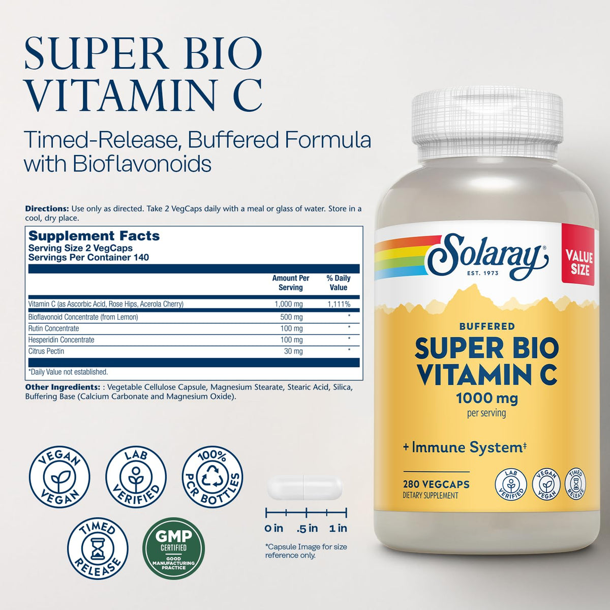 Capsules végétales de SOLARAY Super Bio Vitamine C 1000mg