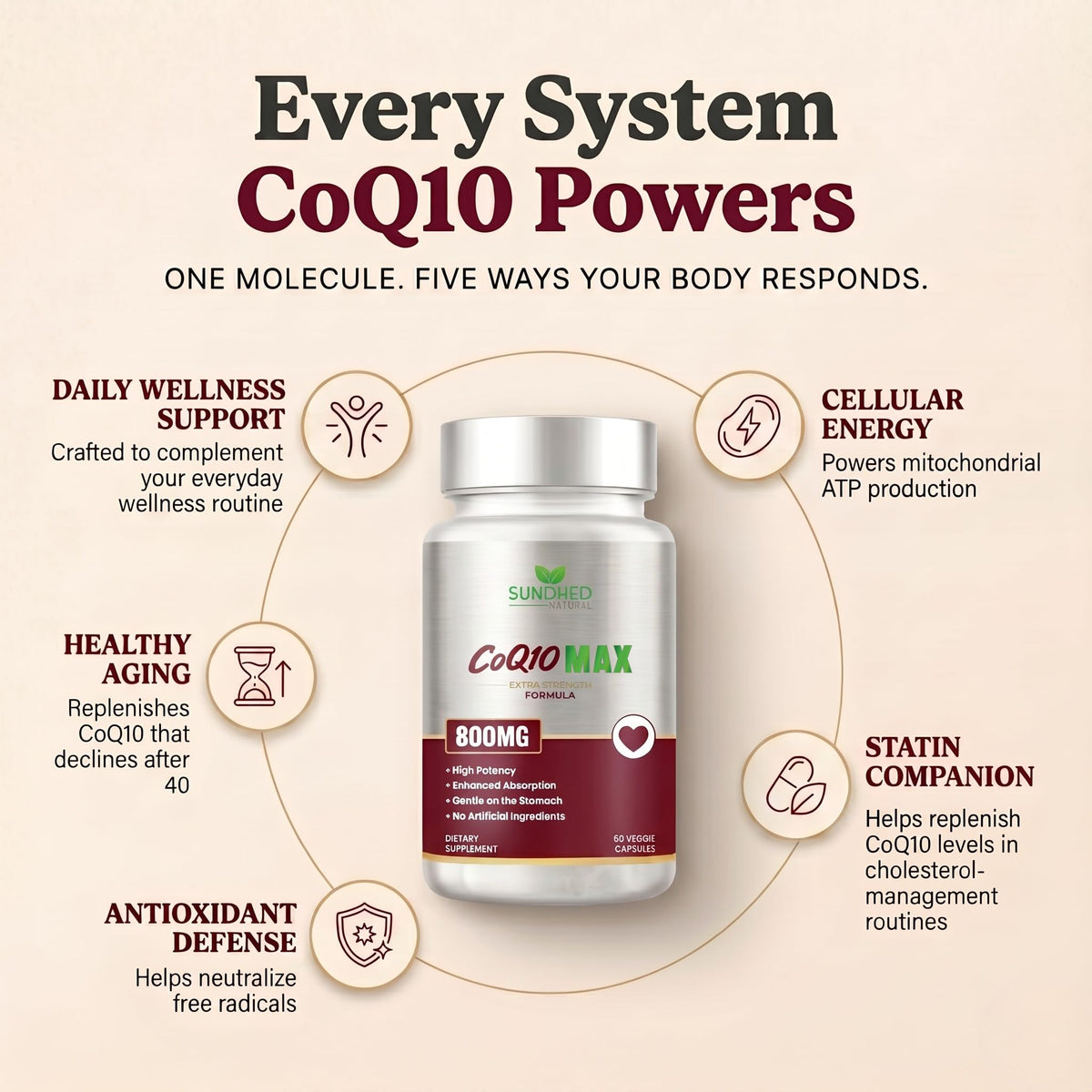 Capsules végétales de Sundhed Natural CoQ10 sur une surface blanche