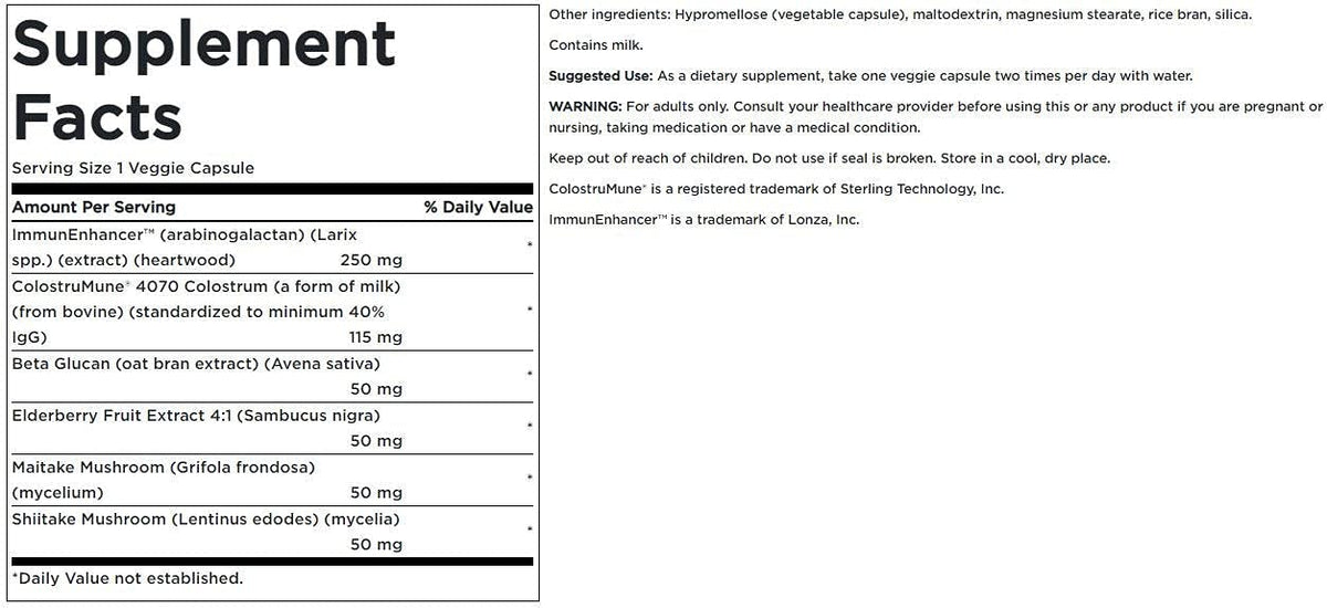 Capsules végétales de Swanson Colostrum & Beta Glucans sur une table