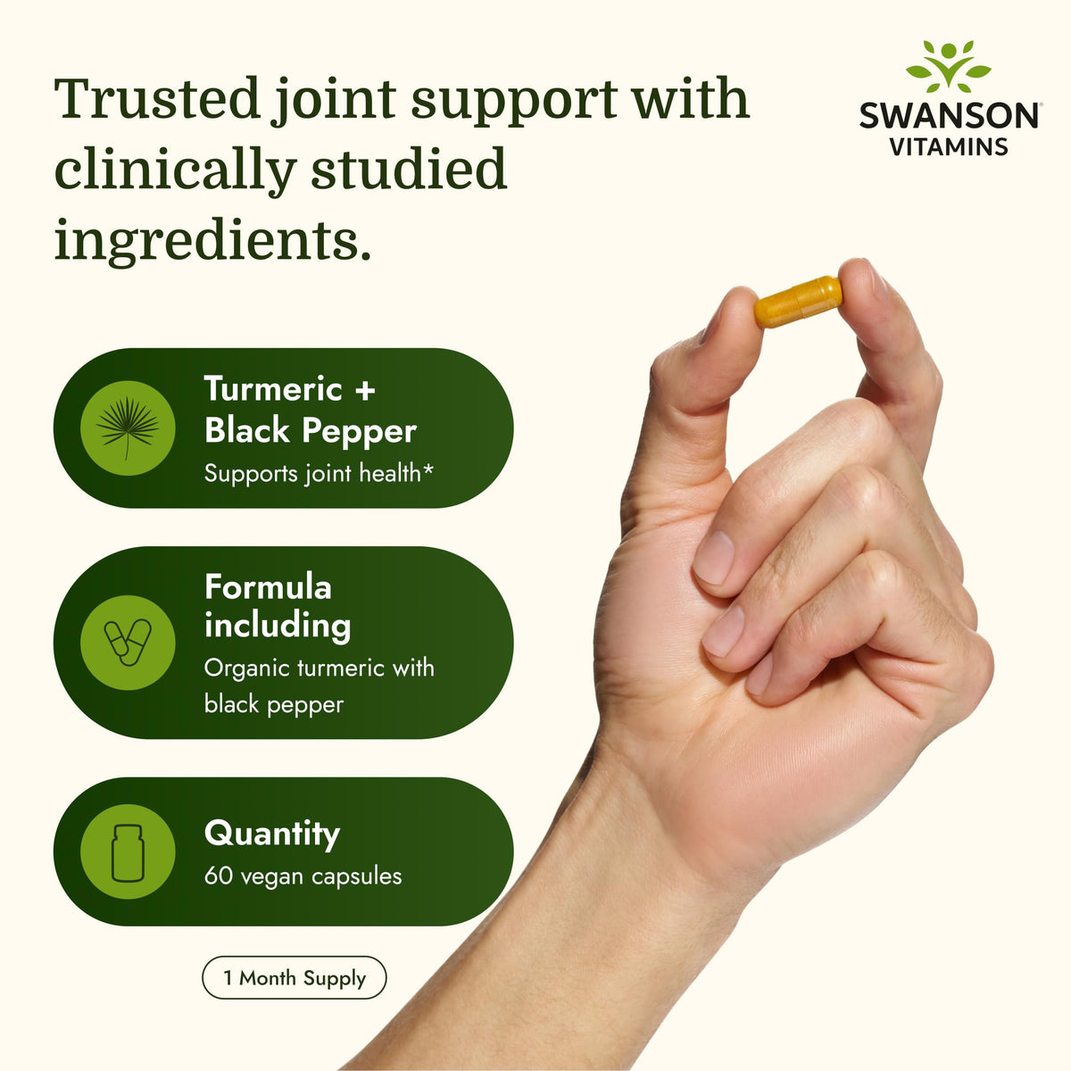 Capsules végétales de Swanson Curcuma & Poivre Noir sur fond blanc