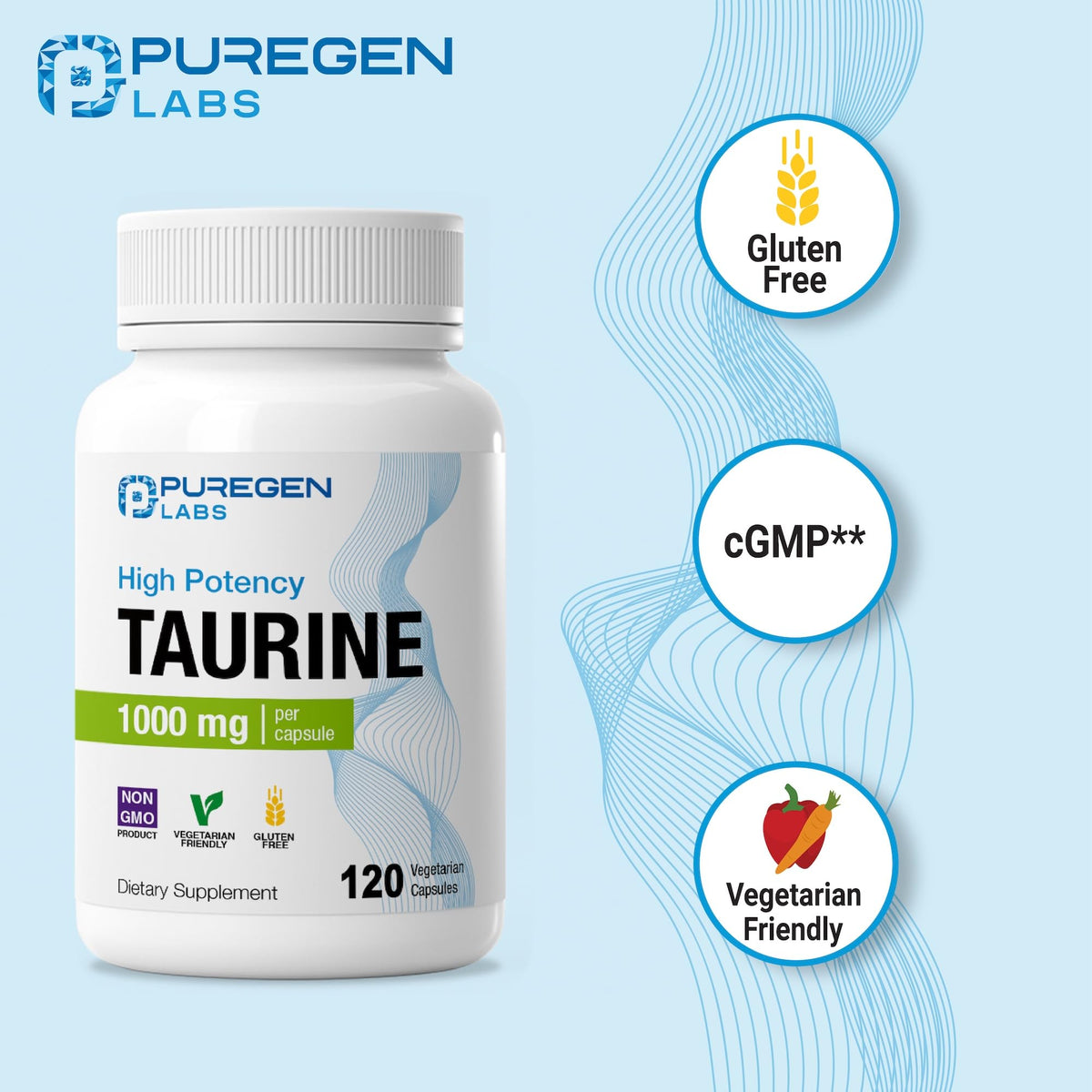 Capsules végétales de taurine Puregen Labs sur fond blanc