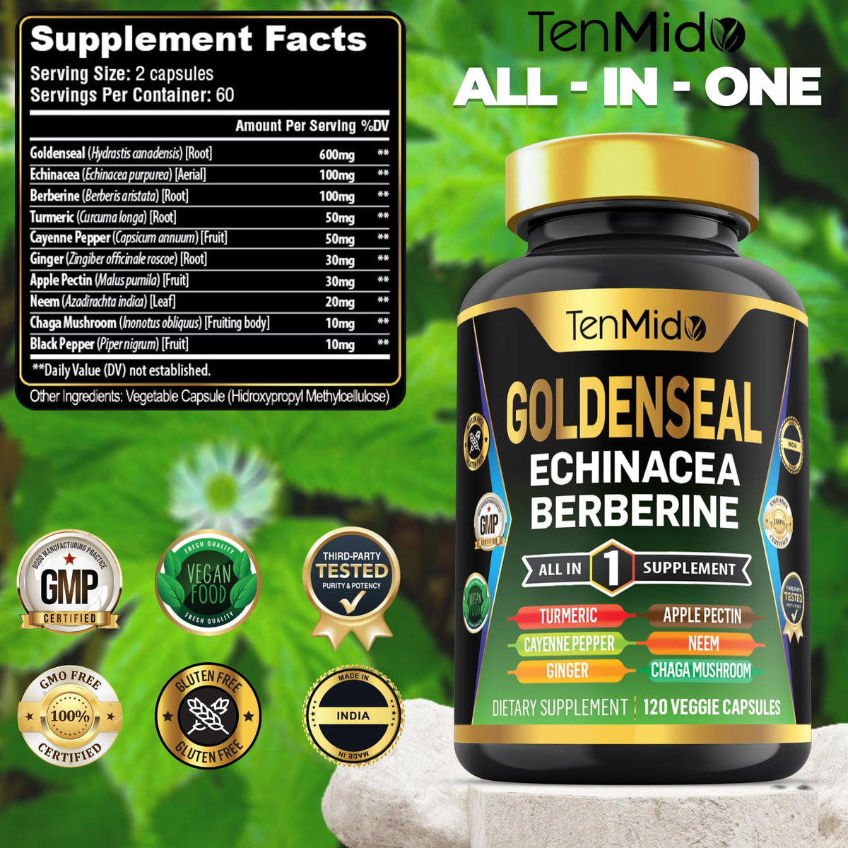 Capsules végétales de Tenmido Racine de Goldenseal sur fond blanc