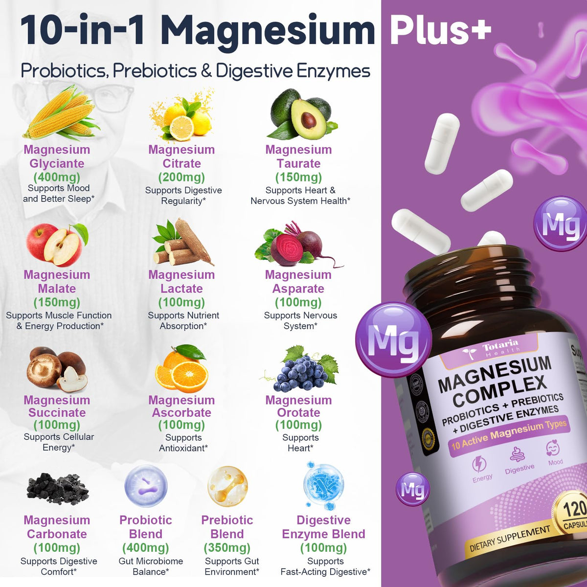 Capsules végétales de Totaria Complément Alimentaire Magnésium 10-en-1