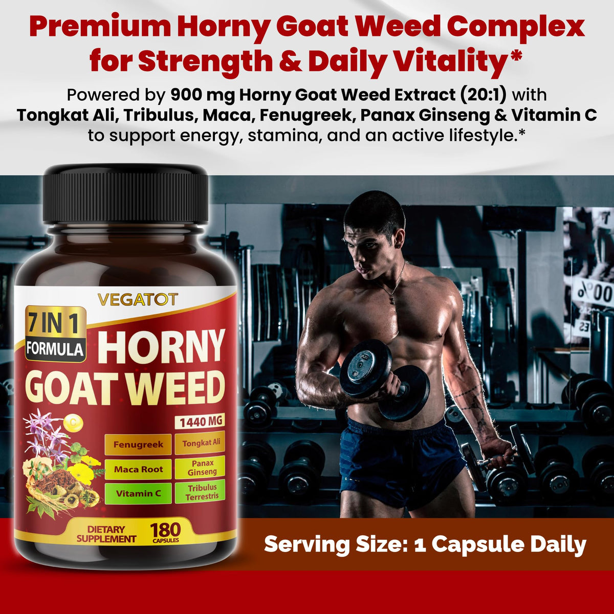 Capsules végétales de VEGATOT Horny Goat Weed sur fond blanc