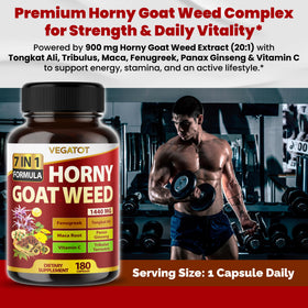 Capsules végétales de VEGATOT Horny Goat Weed sur fond blanc