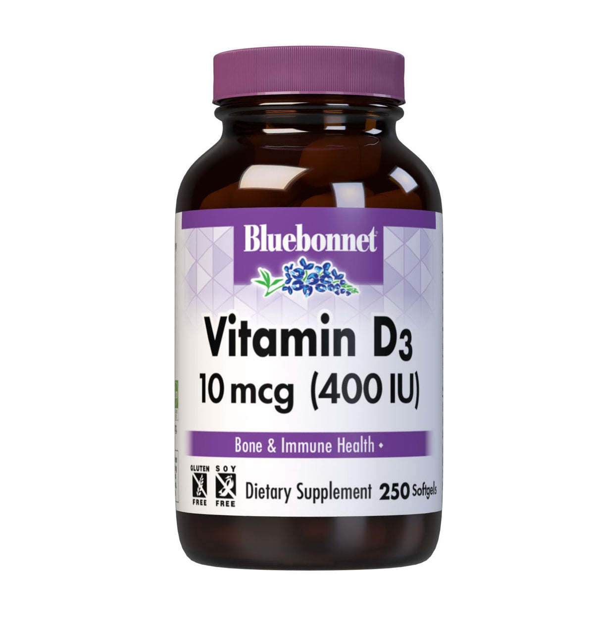 Capsules Végétales de Vitamine D3 BlueBonnet 400 UI devant un fond blanc