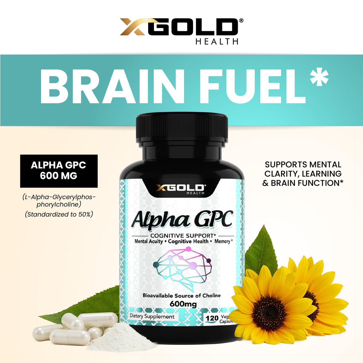 Capsules végétales de X Gold Health Alpha GPC en gros plan
