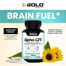 Capsules végétales de X Gold Health Alpha GPC en gros plan
