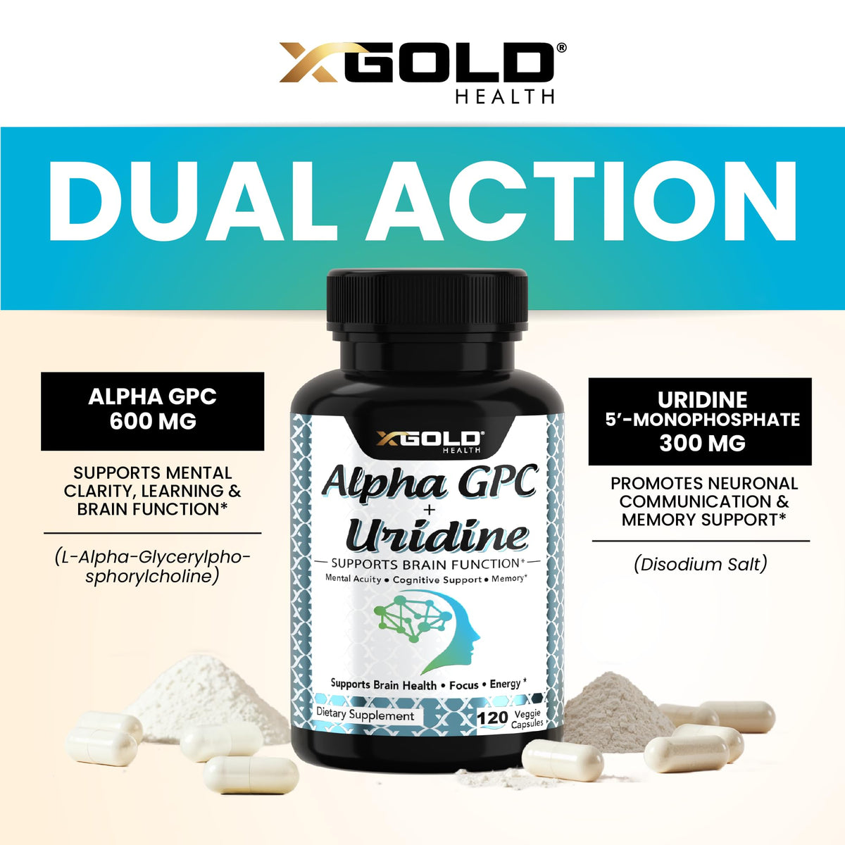 Capsules végétales de X Gold Health Alpha GPC + Uridine sur fond blanc
