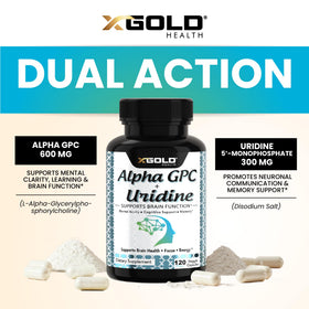 Capsules végétales de X Gold Health Alpha GPC + Uridine sur fond blanc