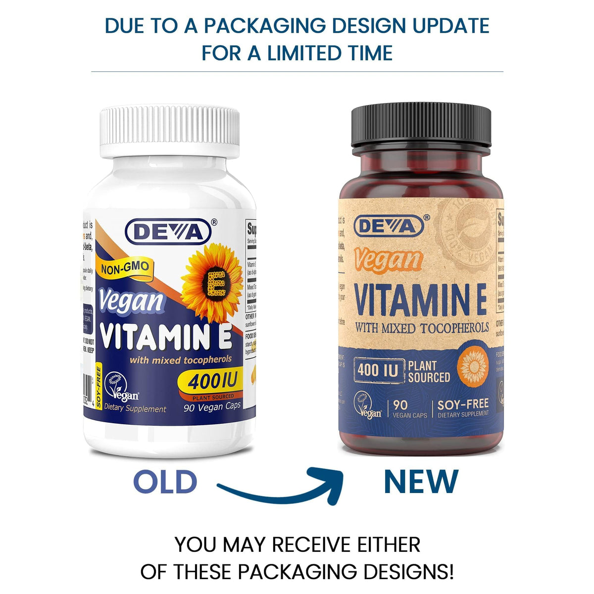 Capsules végétales DEVA Vitamine E sur un fond blanc