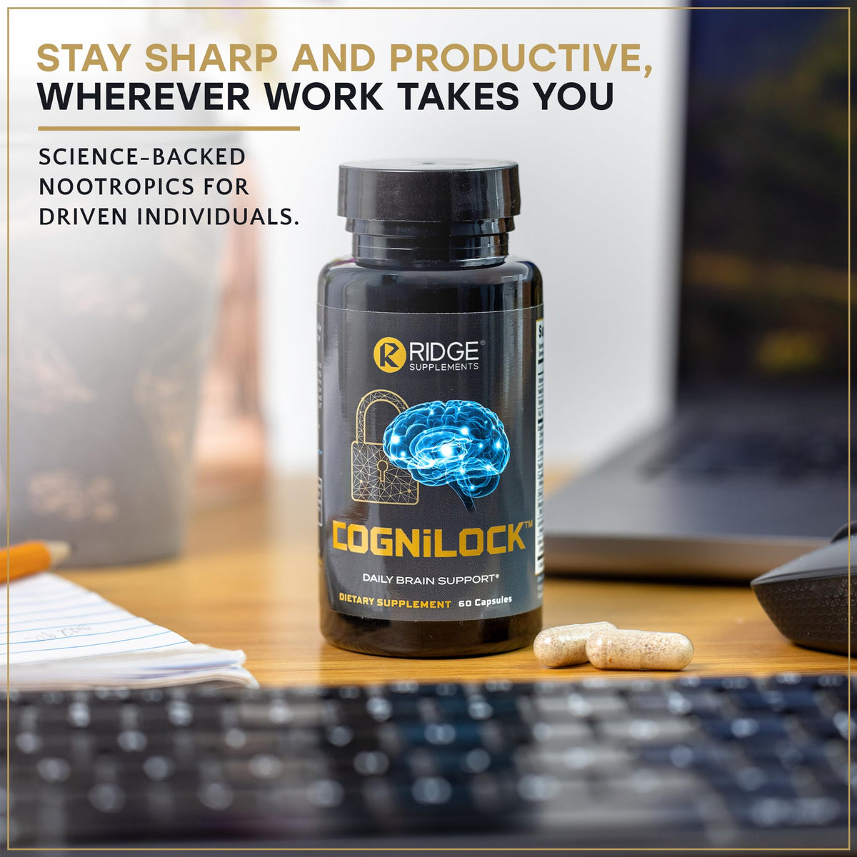 Capsules végétales du complément CogniLock sur une table