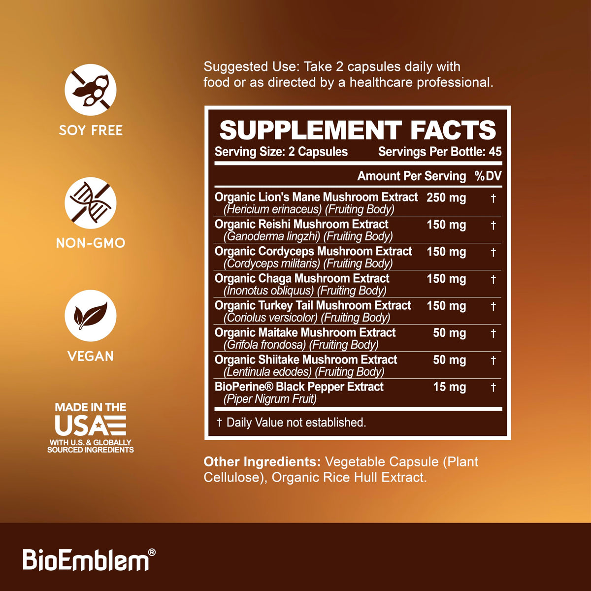 Capsules végétales du Complexe de 7 Champignons BioEmblem