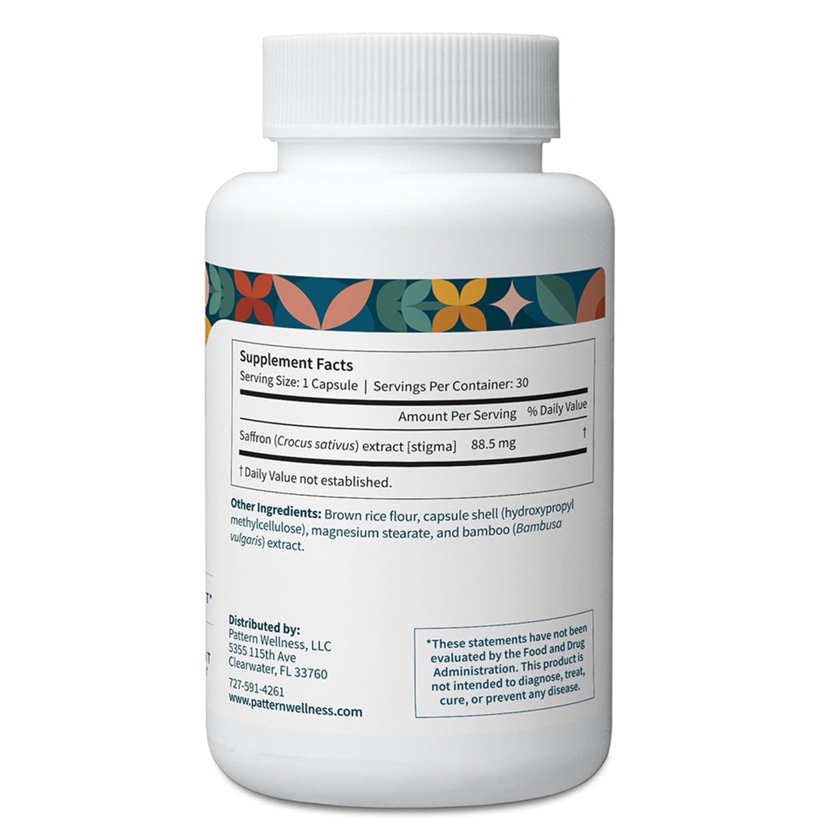 Capsules végétales Extrait de Safran Pattern Wellness sur fond blanc