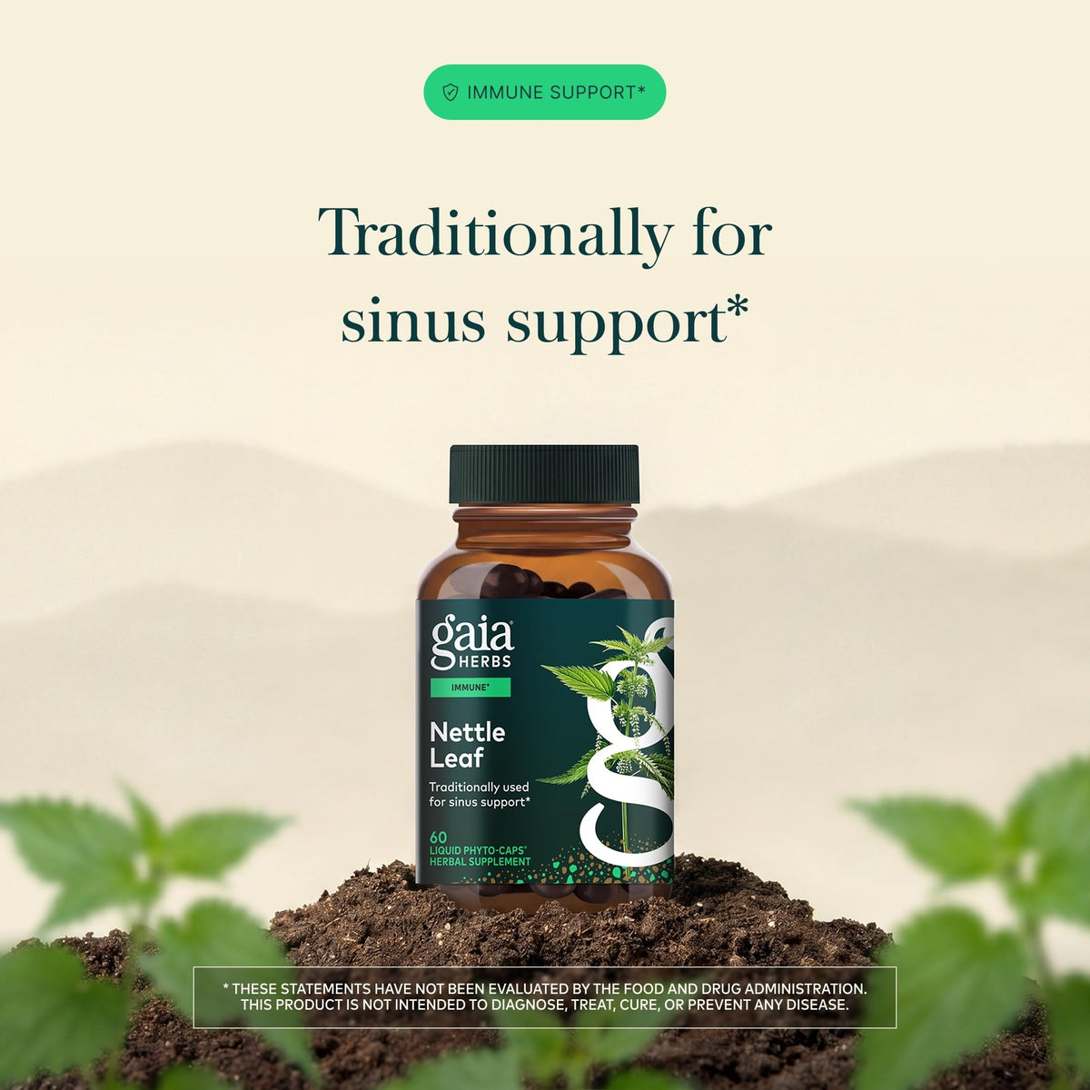 Capsules végétales Gaia Herbs Feuille d'Ortie sur fond blanc