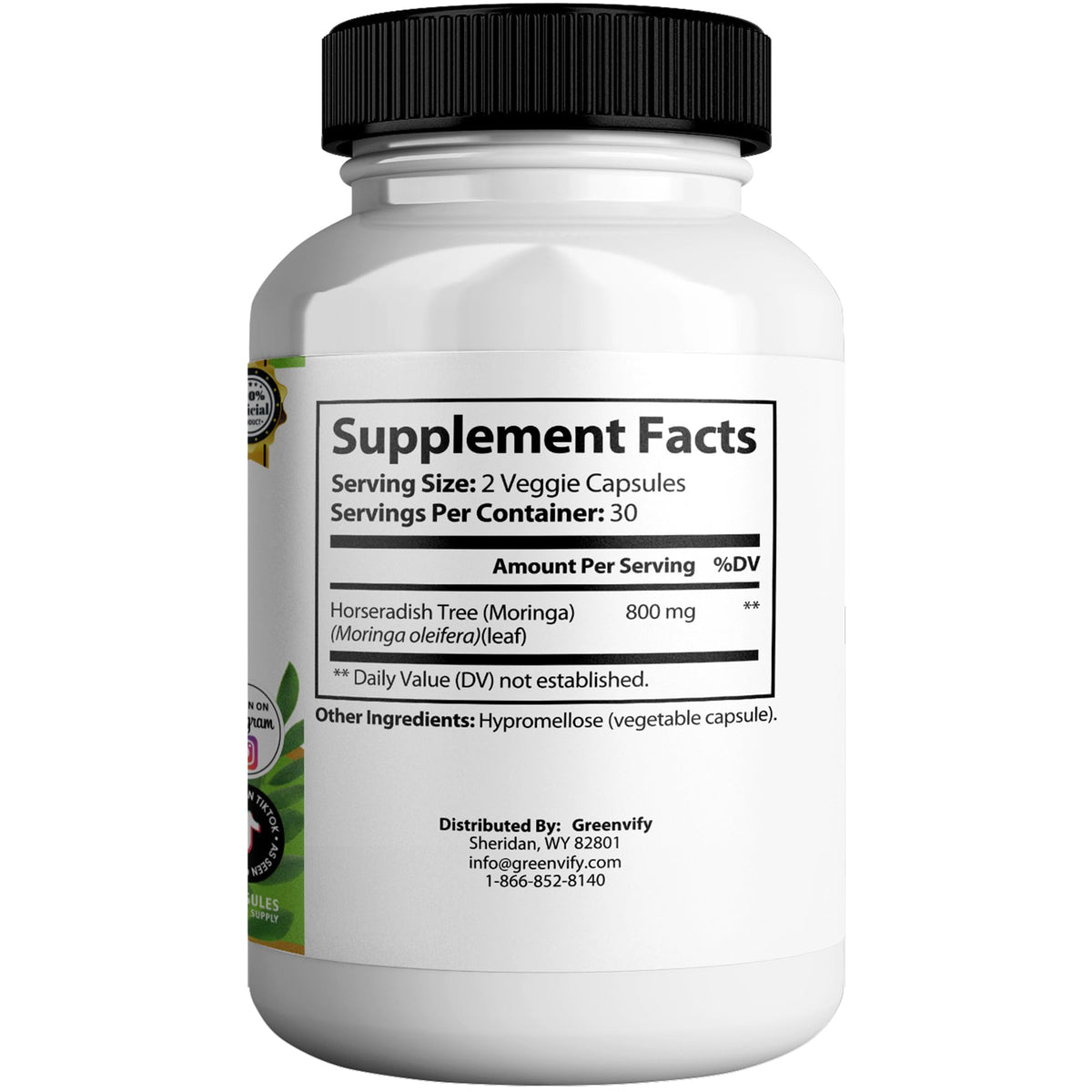Capsules végétales GREENVIFY Moringa Magic Max 800mg sur fond blanc