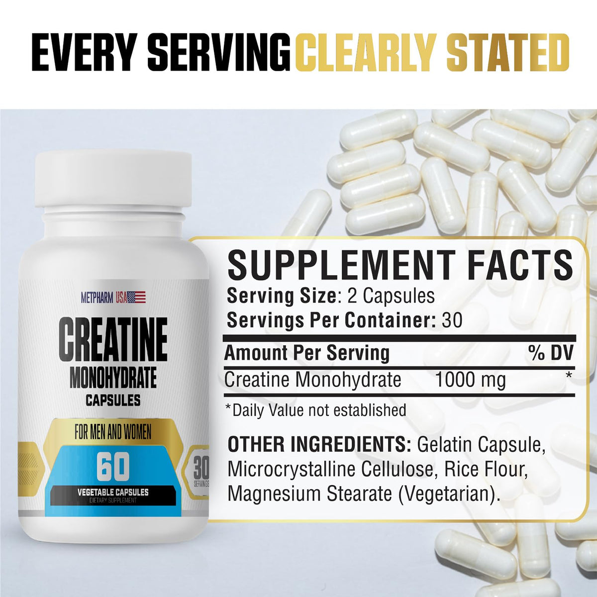 Capsules végétales MetpharmUSA créatine monohydrate