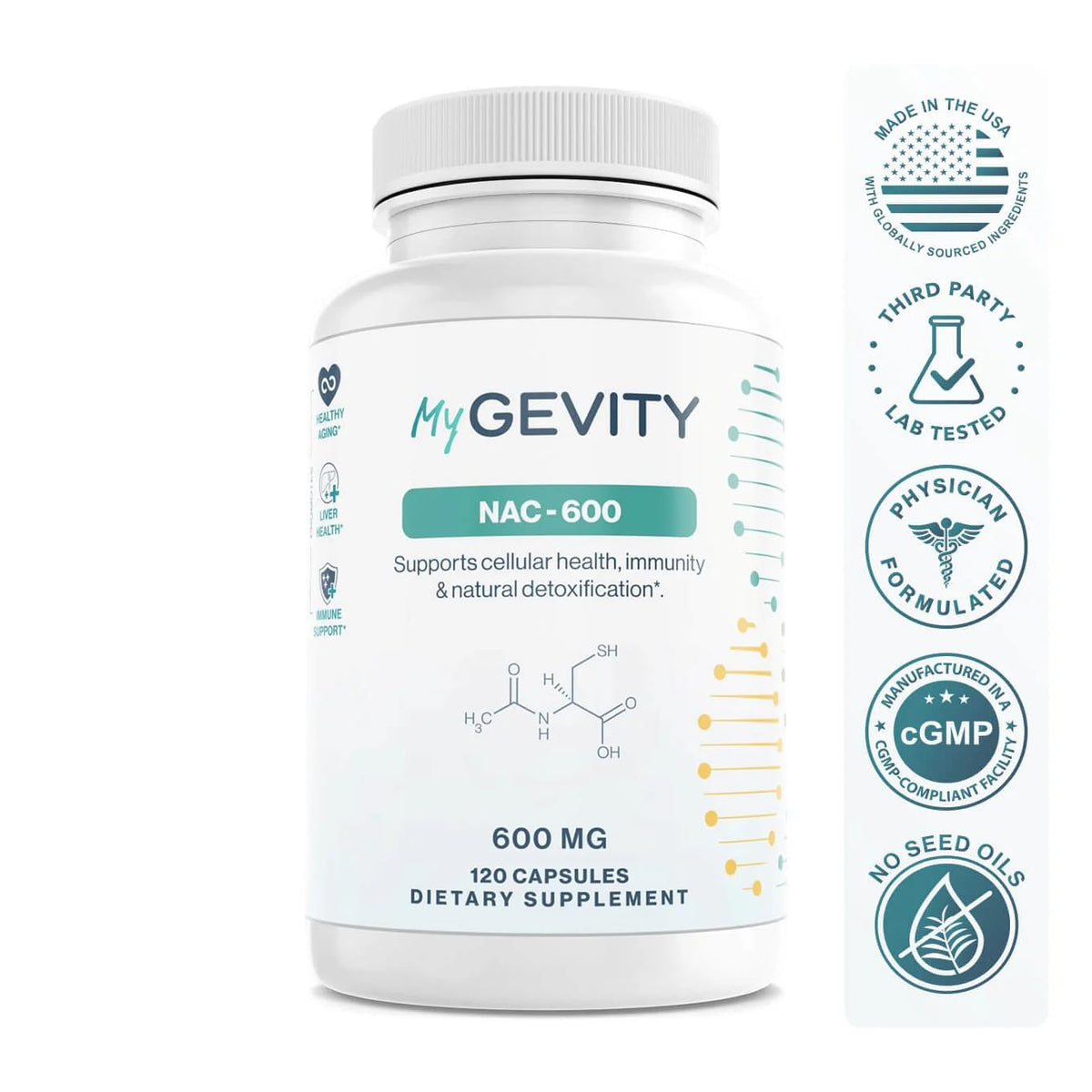 Capsules végétales MyGevity NAC 600mg sur fond blanc