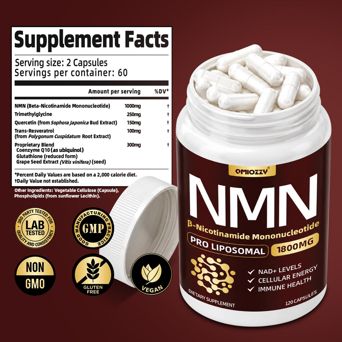 Capsules végétales NMN 1000mg Qmiozzy sur fond blanc