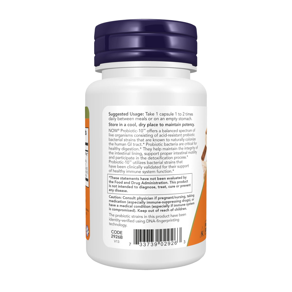 Capsules végétales NOW Foods Probiotic-10™ sur fond blanc