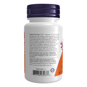 Capsules végétales NOW Foods Pycnogenol sur une surface blanche