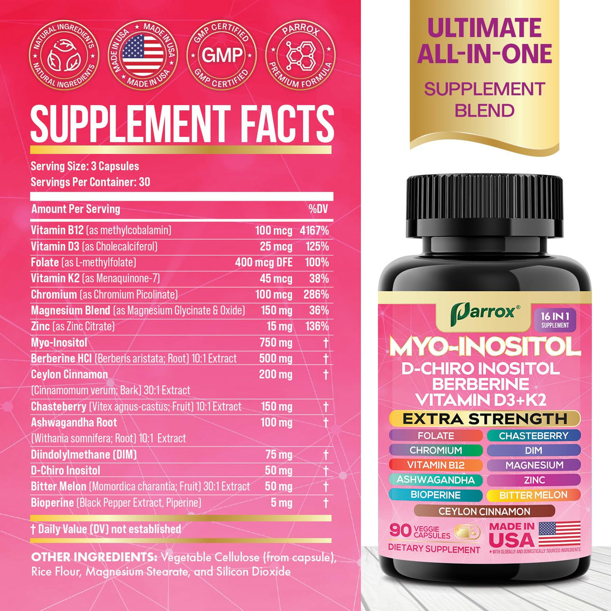 Capsules végétales Parrox Myo-Inositol sur une table