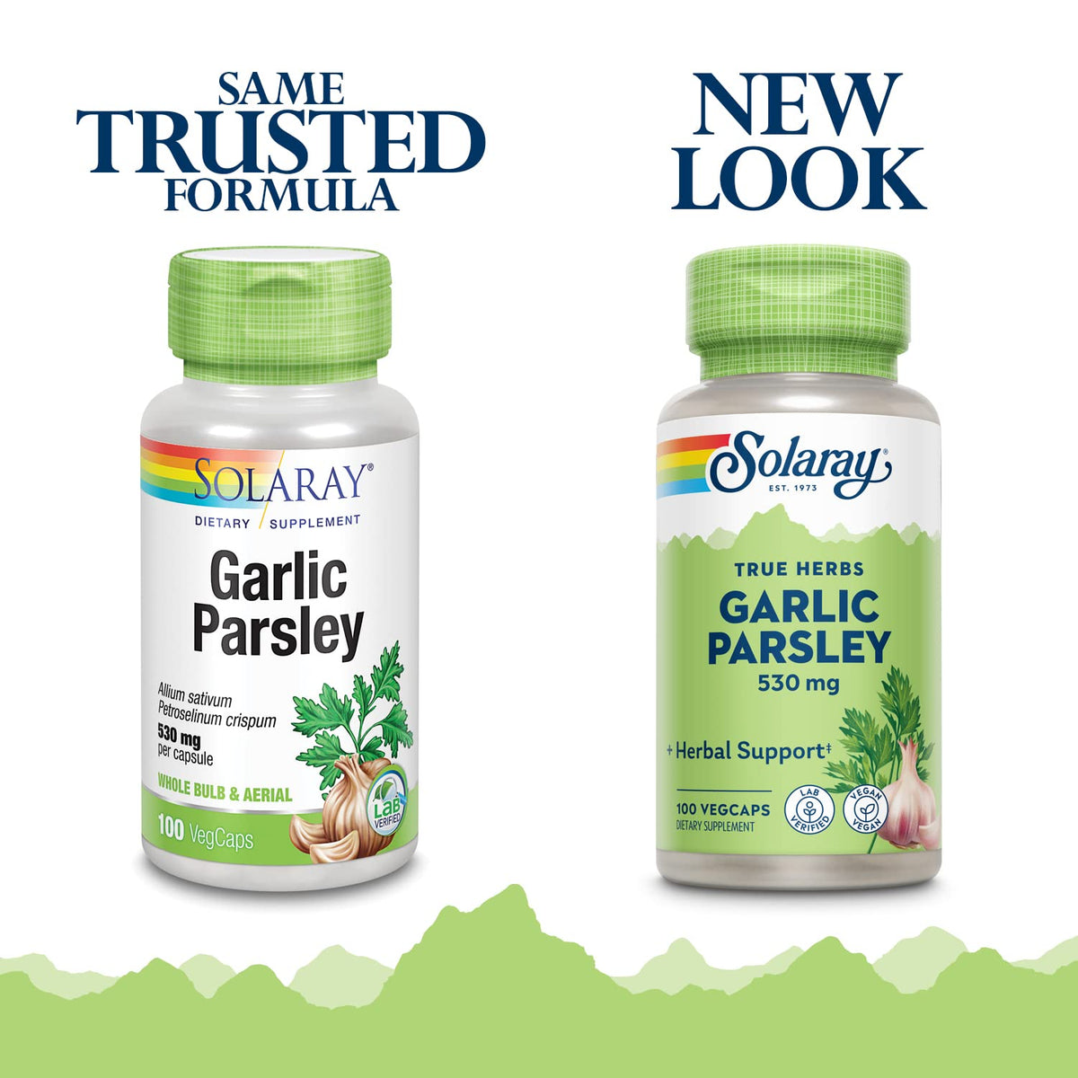 Capsules végétales SOLARAY Ail et Persil sur fond blanc