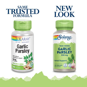 Capsules végétales SOLARAY Ail et Persil sur fond blanc
