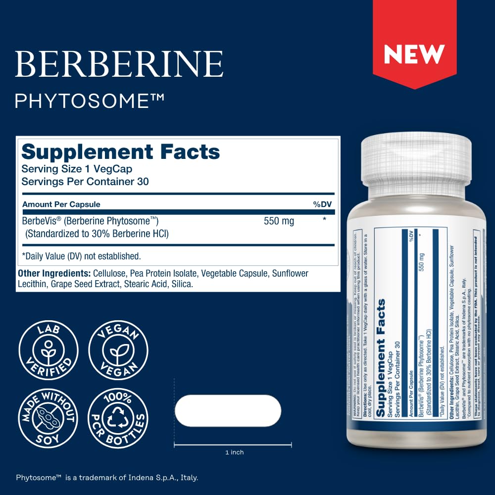 Capsules végétales SOLARAY Berberine Phytosome sur une surface blanche