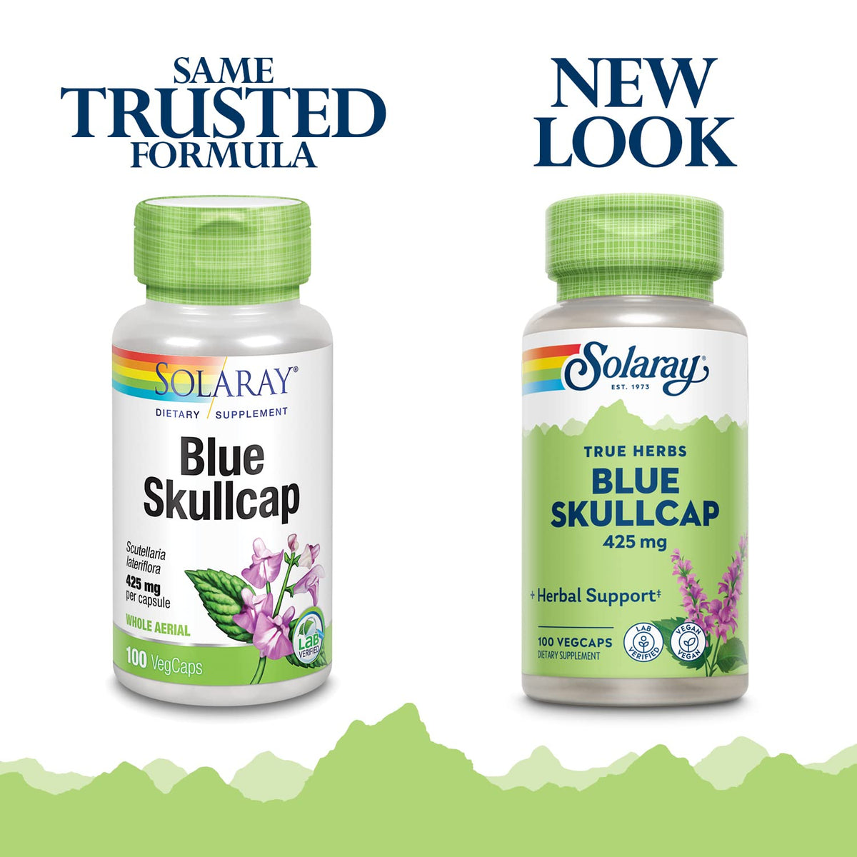 Capsules végétales SOLARAY Blue Skullcap sur fond blanc