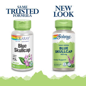 Capsules végétales SOLARAY Blue Skullcap sur fond blanc