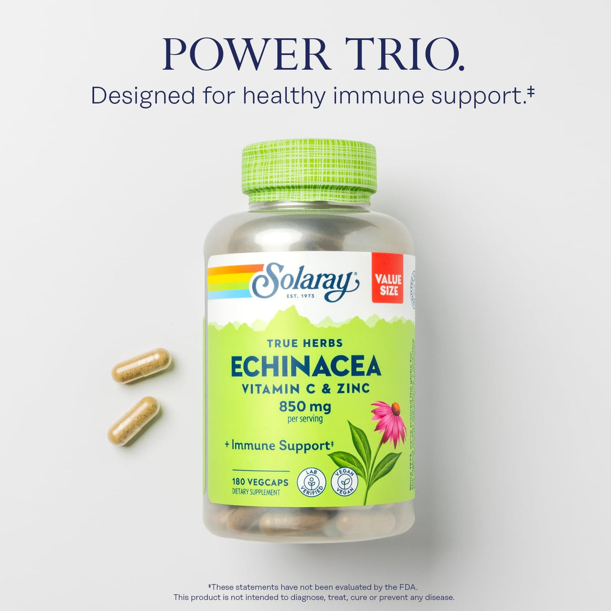 Capsules végétales SOLARAY Echinacea sur fond blanc