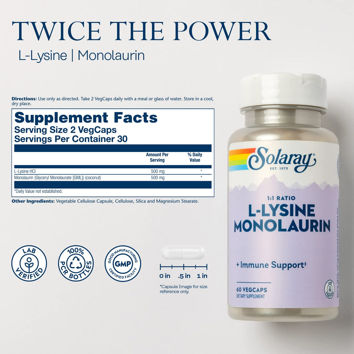 Capsules végétales SOLARAY L-Lysine Monolaurin sur une table
