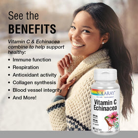 Capsules végétales SOLARAY Vitamine C & Échinacée sur fond blanc